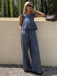 Livesso Women's Striped Square Neck Ruffle Hem Cinched Waist Short Sleeve Top And Loose Striped Casual Wide Leg Pants 2 Pieces Set, Vacation Style Young Girl Casual Denim Suit,Back To School Clothes - Blue and White - View 7