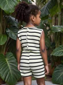 SHEIN Young Girls Casual Round Neck Stripe Jumpsuit, New Spring/Summer Collection
