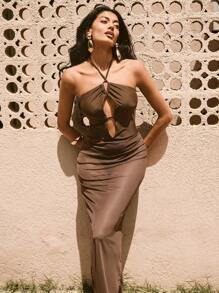 Swim Chiccia Women's Sexy Solid Color Halter Neck Backless One-Piece For Summer Beach Vacation - Brown - View 5