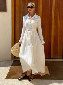 Livesso Vestido camisero de verano para mujer con cuello alto, cintura ceñida y falda acampanada hasta la pantorrilla de lino, vestido largo de manga larga de otoño estilo bohemio para vacaciones - Blanco - Ver 3