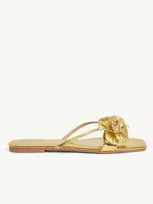 CUCCOO CHICEST 女士夏季新款鸢尾花装饰方头平底优雅休闲时尚金色金属仿皮女士平底凉鞋，适合海滩、派对、度假、海滩生活方式 - 金色 - 查看 8