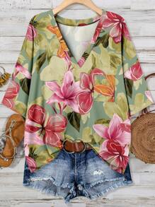 EMERY ROSE Áo thun VCAY Floral Casual Plus Size, Thích hợp cho kỳ nghỉ hè - màu xanh lá - Xem 1