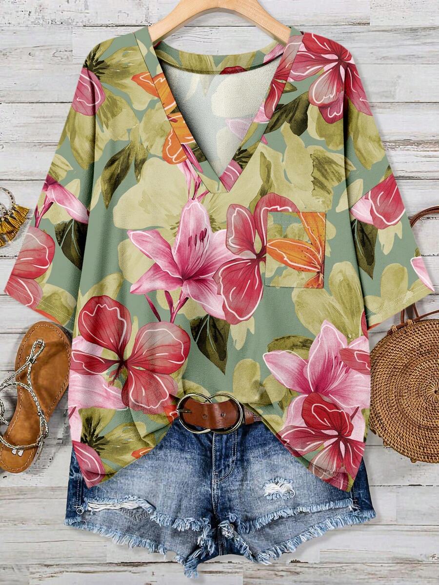 EMERY ROSE Áo thun VCAY Floral Casual Plus Size, Thích hợp cho kỳ nghỉ hè - màu xanh lá - Xem 1