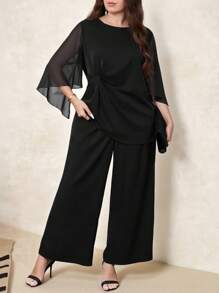 SHEIN Clasi Bộ đồ liền quần ống rộng màu trơn lưới xoắn cỡ lớn, thích hợp mặc hàng ngày, trang phục mùa hè cho phụ nữ, trang phục đi nghỉ cho phụ nữ, váy dự tiệc cưới cho phụ nữ, quần áo mùa hè, trang phục công sở cho phụ nữ, trang phục công sở cho phụ nữ, váy dự tiệc cưới, phong cách tiền bạc xa xỉ cho phụ nữ, trang phục đi chơi, mùa hè châu Âu, bộ 2 món cho phụ nữ, bộ cho phụ nữ, bộ đồ đôi cho phụ nữ, bộ mùa hè - màu đen - Xem 5