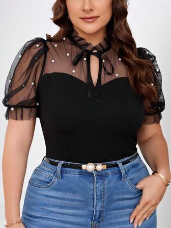 Reflora Plus Size Women's Summer Mesh Contrast Tie Neck Puff Sleeve T-Shirt