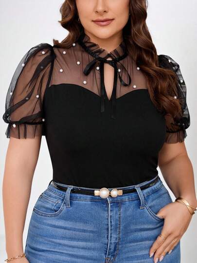 Reflora Camiseta de manga abullonada con cuello de corbata de contraste de malla de talla grande para mujer, atuendo de oficina para mujeres, blusas de trabajo para mujeres, disfraz de carnaval 2026 Vacaciones de verano Elegante