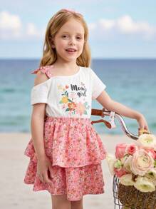 SHEIN Set de 2 piezas con blusa de manga corta con hombros descubiertos y decoración de lazo, y minifalda de estilo informal para niñas jóvenes - Multicolor - Ver 1