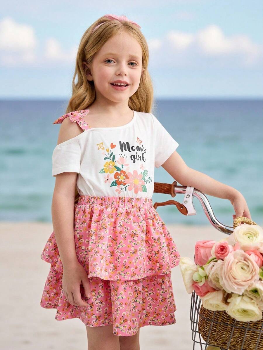 SHEIN Set de 2 piezas con blusa de manga corta con hombros descubiertos y decoración de lazo, y minifalda de estilo informal para niñas jóvenes - Multicolor - Ver 1
