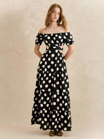 Écloséra 女式复古法式露肩波尔卡圆点短款系腰长裙