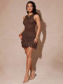 Silquee Women's Solid Color Crew Neck Sleeveless Fringed Hem Bodycon Sweater Dress