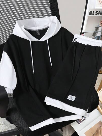 Claim Dot 男士撞色抽绳连帽二合一上衣和短裤套装，舒适服装