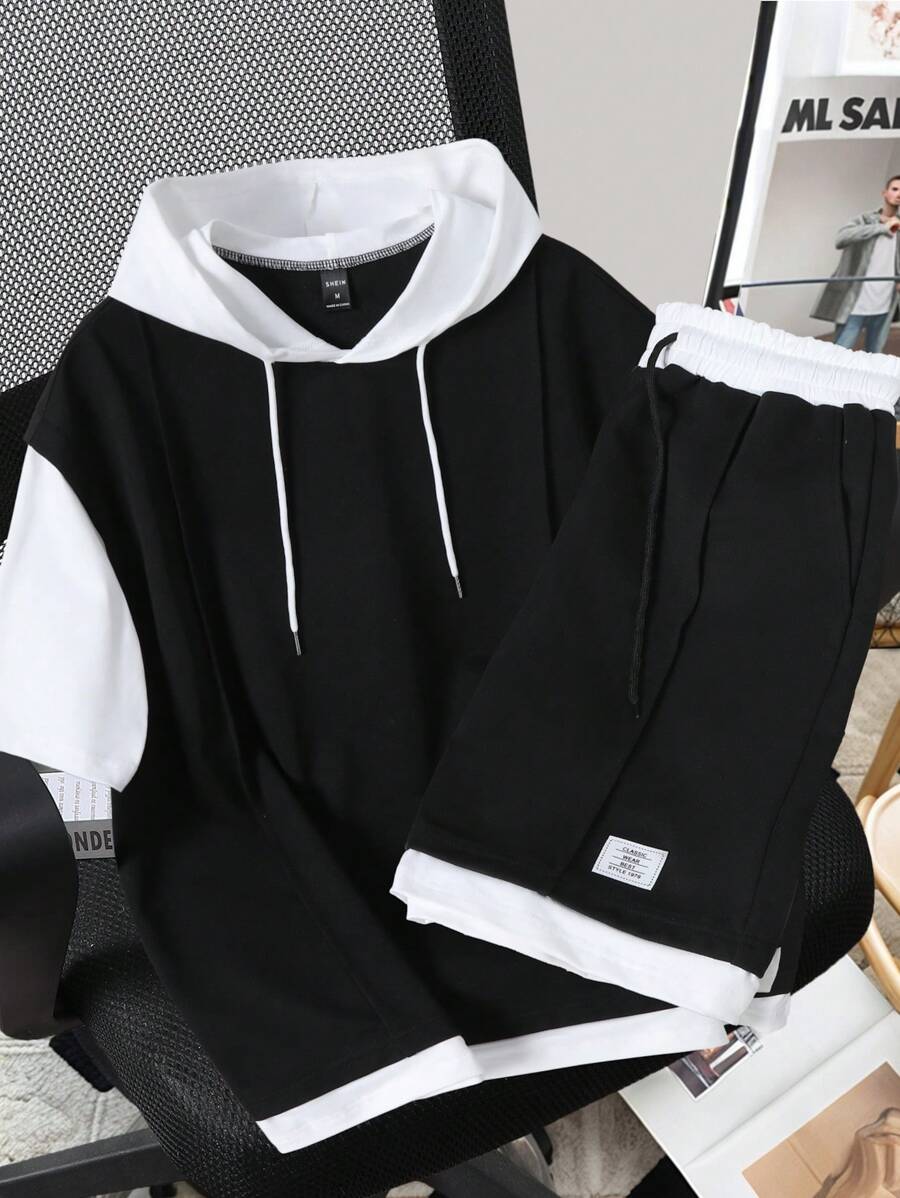 Manfinity Joysei Men Contrast Color Drawstring Hooded 2 In 1 Top And Shorts Set, Cozy Outfits - Black - View 1