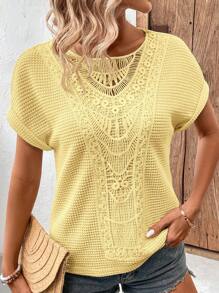 SHEIN LUNE 女式圆领超大蕾丝拼布纹理华夫格面料休闲度假 T 恤，夏季