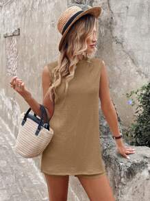 SHEIN LUNE Bộ 2 áo dài xẻ tà đơn giản cho nữ và quần legging - Màu Khaki - Xem 7