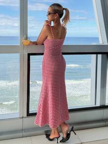 Strévra Rochie midi în carouri roșii pentru femei, cu bretele spaghete, model coadă de pește, ținute de plajă, haine pentru întoarcerea la școală