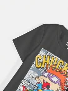 Nick 90s | SHEIN 小男孩卡通字母图案圆领短袖T恤 - 灰色 - 查看 4