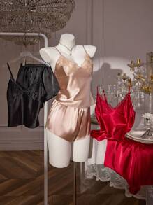 SilkySpell 3 件套女士缎面刺绣蕾丝 V 领吊带背心和短裤睡衣套装，多色组合 - 彩色 - 查看 7