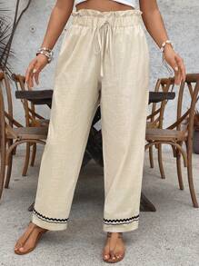 SHEIN VCAY Plus Size Drawstring High Waist Casual Loose Wide Leg Pants - Apricot - View 6