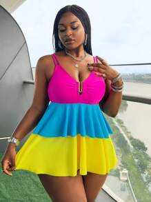 Slaydiva Women Plus Size 2 Pieces Bikini Set, Solid Color Patchwork Swimdress, Summer Holiday - Multicolor - View 6