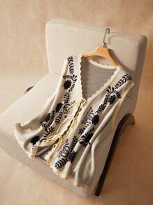 Elaquor Plus Size Women Floral Print Front-Tie Casual Knit Vest In Fall/Winter