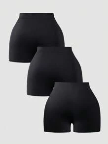 SHEIN Sparklyn Set de 3 shorts informales de punto acanalado negros para adolescentes, con cintura elástica, unicolor y talle alto, aptos para uso deportivo o diario, se pueden usar por dentro o por fuera - Negro - Ver 2