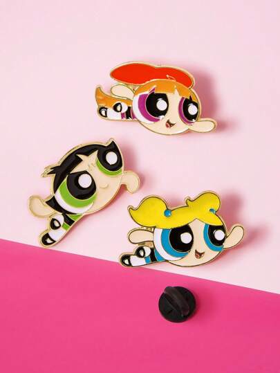 THE POWERPUFF GIRLS X SHEIN Set de 3 broches de esmalte con los patrones de Flor, Burbujas y Mantequilla, accesorios de insignia de metal delicada con personajes de dibujos animados