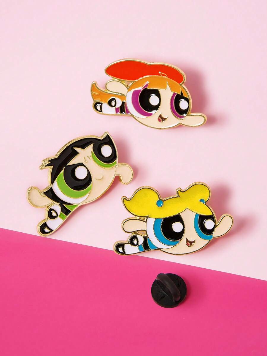 THE POWERPUFF GIRLS X SHEIN 3 buc/set broșă emailată cu model de floare, bule, picior de cocos, accesorii insignă metalică delicată creativă cu personaj de desene animate - Multicolor - Vizualizare 1