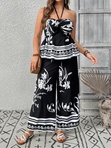 SHEIN Clasi Damen Große Größen Eleganter Urlaub Pflanzen Muster Tube Top mit Krawattenausschnitt & weite Hose Zweiteiler Set - Schwarz und Weiss - Übersicht 1