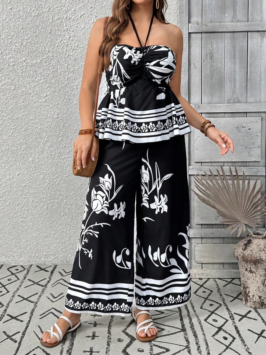SHEIN Clasi Damen Große Größen Eleganter Urlaub Pflanzen Muster Tube Top mit Krawattenausschnitt & weite Hose Zweiteiler Set - Schwarz und Weiss - Übersicht 1