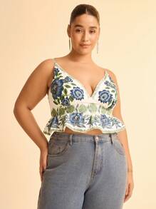 CAJUNI 女式波西米亚风彩色热带花卉印花深 V 领吊带短款上衣，夏季休闲海滩度假加大码背心