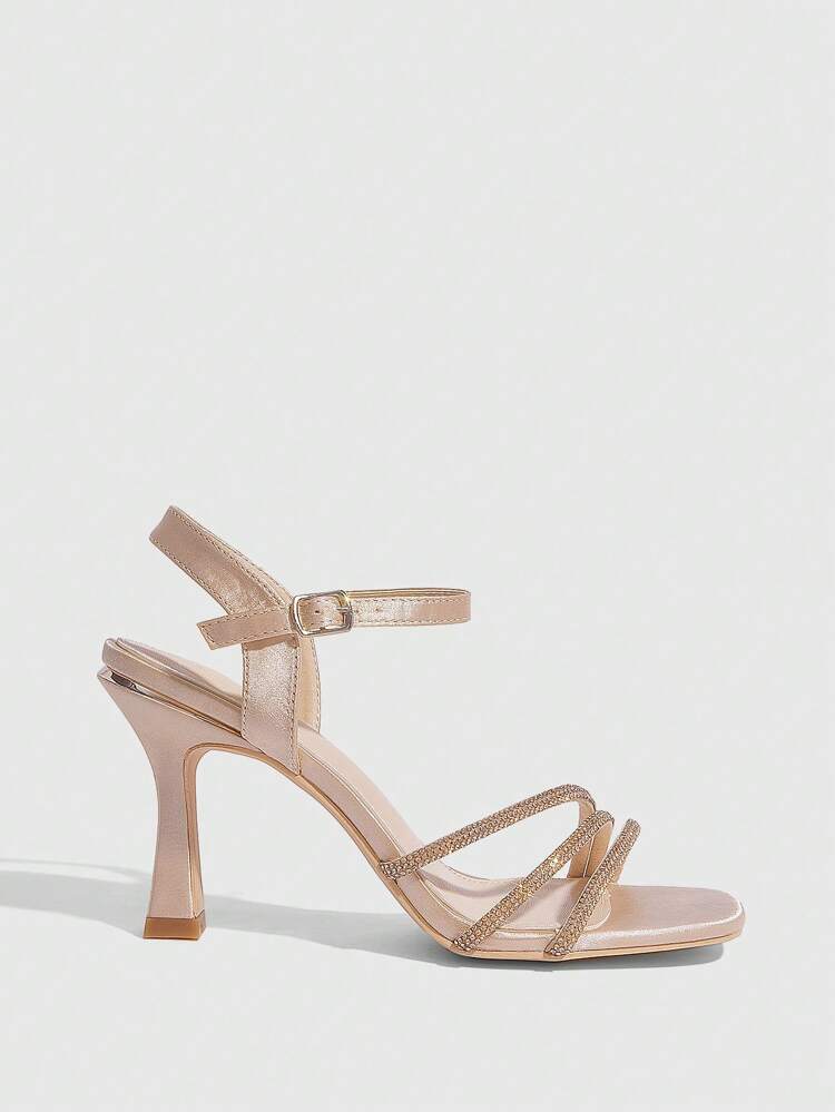 CUCCOO SZL Women's Champagne Rhinestone Slim Strap Ankle Strap Chunky Heel Square Toe Sandals, Fashion For Commuting, Dating, Party