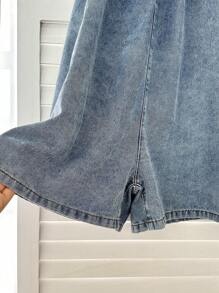 SHEIN Tween Girls Summer Boho Comfortable Simple Base Bowknot Loose Fit Blue Denim Jumpsuit Overalls Shorts For Tween Girl Clothes Girls Costume Dailywear And Girls Summer And Spring Clothes - Medium Wash - View 11