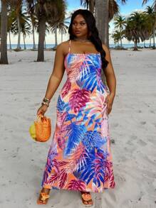 SHEIN CURVE+ 大码花卉印花长裙、度假、加大码、波西米亚风度假海滩装女士/沙滩裙/海滩度假装/海滩必备品/毕业/茶会礼服夏季/乡村/海滩度假装/海滩装/海滩装 - 彩色 - 查看 2