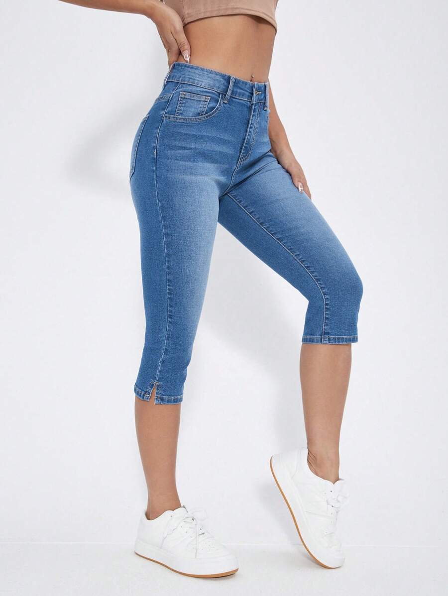 SHEIN Essnce Pantalones capri vaqueros elásticos y casuales con bolsillos para mujer - Azul - Ver 1
