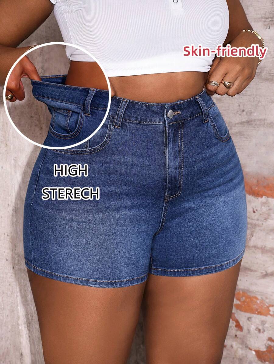 Slaydiva Quần short denim xanh cỡ lớn, quần short bó co giãn thông thường cho kỳ nghỉ hè, phong cách cowgirl miền Tây, trang phục công sở thường ngày cho phụ nữ, lễ hội, lễ tốt nghiệp tại sân bay, ngày 4 tháng 7, quần short denim thoải mái - Màu xanh lam - Xem 1