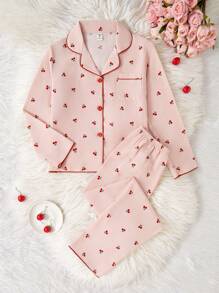 Conjunto de pijama estilo colegiala para niñas preadolescentes, color albaricoque con estampado lindo de cerezas, pantalones largos y camisa de manga larga, ropa casual para el hogar - Rosa - Ver 1