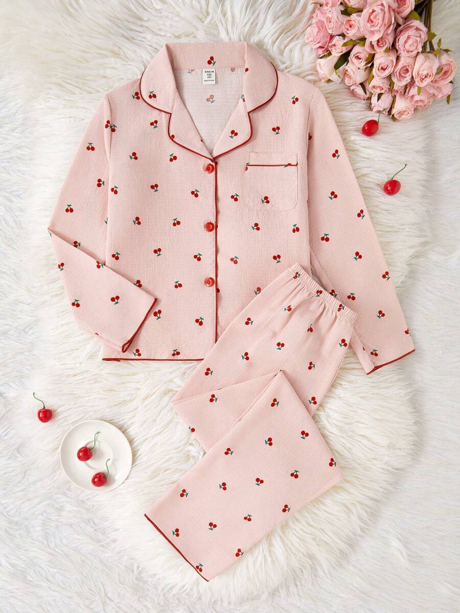 Conjunto de pijama estilo colegiala para niñas preadolescentes, color albaricoque con estampado lindo de cerezas, pantalones largos y camisa de manga larga, ropa casual para el hogar - Rosa - Ver 1