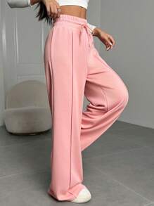 SHEIN EZwear 纯色抽绳休闲宽松运动裤 - 粉色 - 查看 5