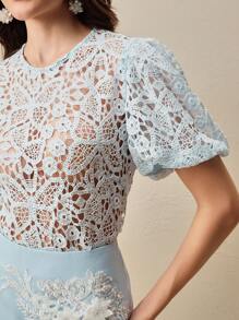 Anewsta Elegant New Lace Sheer See-Through Lantern Sleeve Round Neck Women's Top/T-Shirt/Blouse For Spring/Summer - Baby Blue - View 5