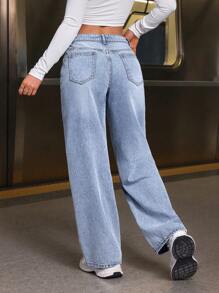 SHEIN PETITE 女士宽松蓝色休闲牛仔长裤，夏季百搭 - 藍色 - 查看 2