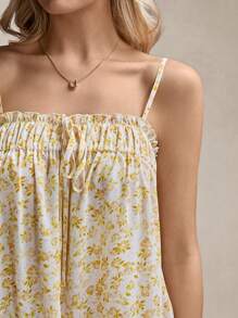 SHEIN LUNE 伊比沙岛服装女士夏季连衣裙西部风女士奶油黄色连衣裙女士休闲宽松碎花抽绳迷你吊带裙适合日常穿着 - 黃色 - 查看 5