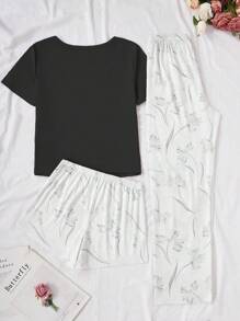 3pcs Women Floral Pattern Comfortable Casual Pajama Set - Black - View 2