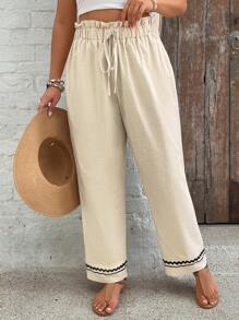 SHEIN VCAY Plus Size Drawstring High Waist Casual Loose Wide Leg Pants - Apricot - View 5