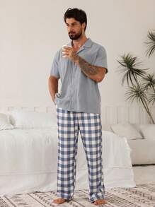 DAZY Spring Solid Color Shirt Matched With Textured Plaid Pants Men's Loungewear Set Pajama - Multicolor - View 3