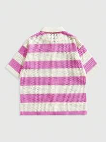 ROMWE MEN Casual Men's Preppy Loose Drop Shoulder Hollow Stripe Single-Breasted Knit Vacation Sweater - Pink - View 3