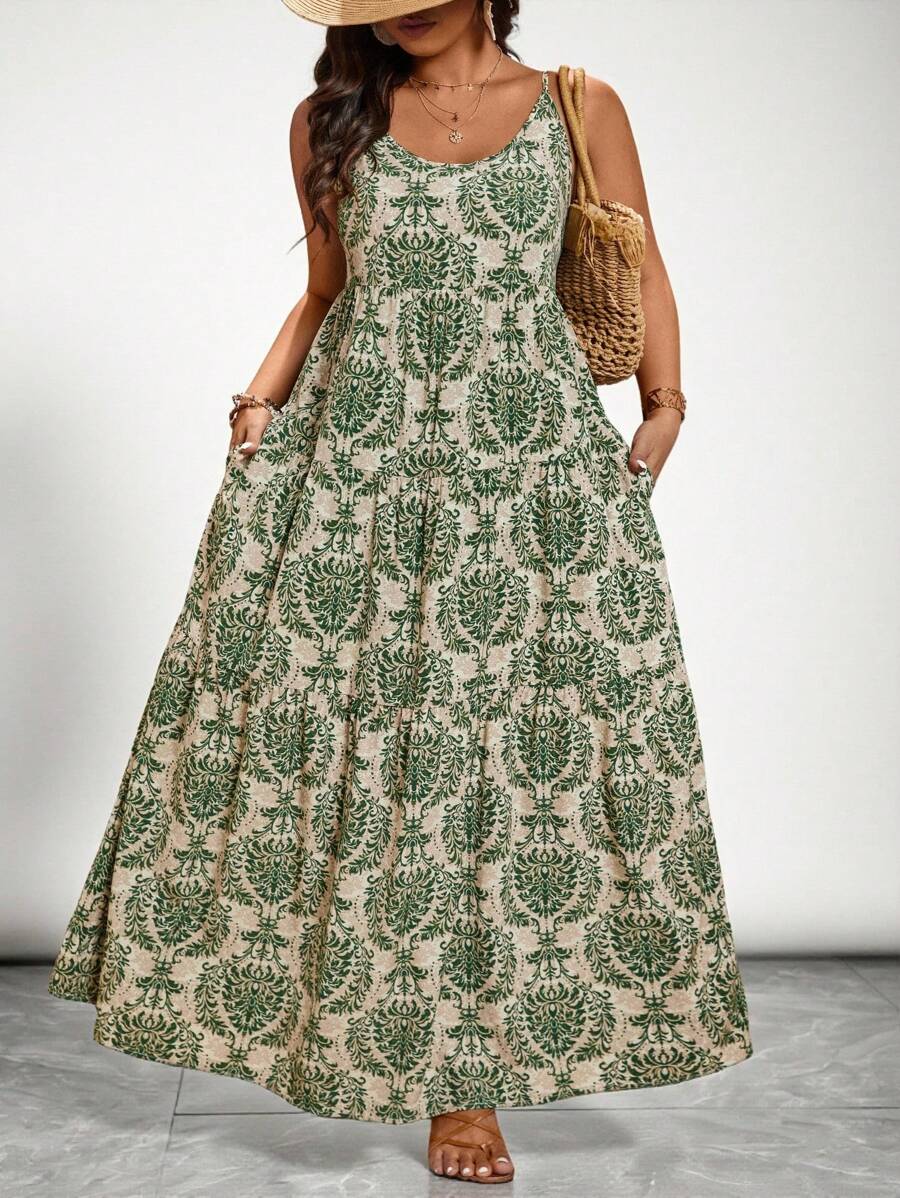 SHEIN VCAY Plus Size Vacation All-Over Print Spaghetti Strap Dress Summer Outfits Beach Outfits For Woman Graduation Outfit Brunch Outfits For Women St Patrick Spring Break Rave Outfits Festival Elegant Vacation Outfits Woman Casau Western Cute Boho  Floral Beach Spring Clothes Brunch Outfits For Women Old Money Tropical Vacation Woman Clothes,Beach Dress Sundress,Holiday Outfits