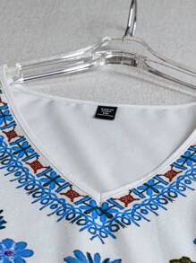 SHEIN LUNE Plus Size Casual Vacation Style Floral V-Neck Dress - Multicolor - View 6