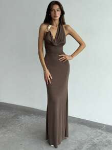 Aloruh Women's Solid Color Metal Decor Backless Sleeveless Dress Summer Summer Outfits Summer Clothes Beach Outfits For Woman  Beach Vacation Vacation Outfits Woman Boho  Tropical Vacation Woman Clothe Tea Party Dress Coffee-Colored Backless Strappy Long Dress, Front Center Sway Collar, Snake Ring Metal Splicing, Sexy Wild Holiday Date, Romantic Wild,Bodycon Dress