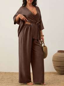EURMUSE Women's Plain Casual Asymmetric Short Sleeve Top And Casual Wide Leg Pants - Chocolate Brown - View 5