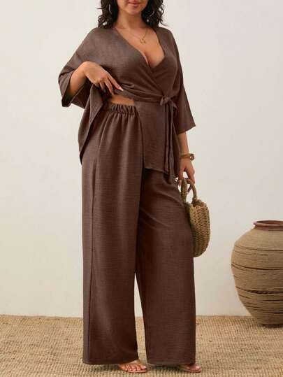EURMUSE Women's Plain Casual Asymmetric Short Sleeve Top And Casual Wide Leg Pants